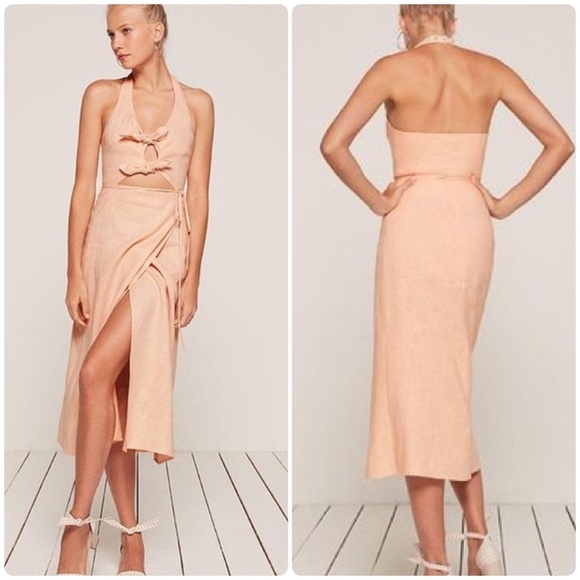 New! Reformation Amalfi Halter Tie Front Linen Dress in Soft Peach 🍑 XS - Picture 1 of 16